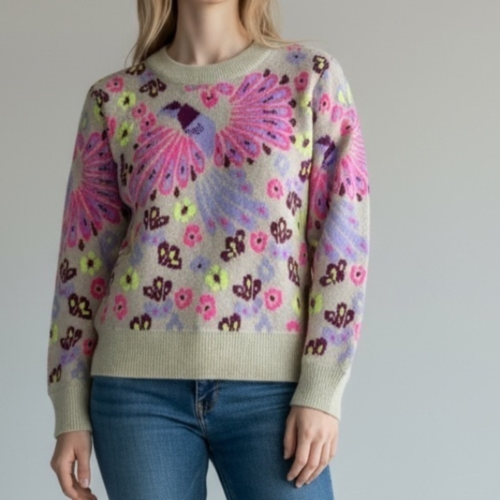 JODIFL Vibrant Bird  Pattern Sweater - Pink and Purple